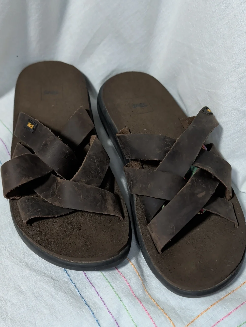 Teva Men's Mush Dark Brown Crisscross Leather Slide Sandals Gorpcore Minimalist